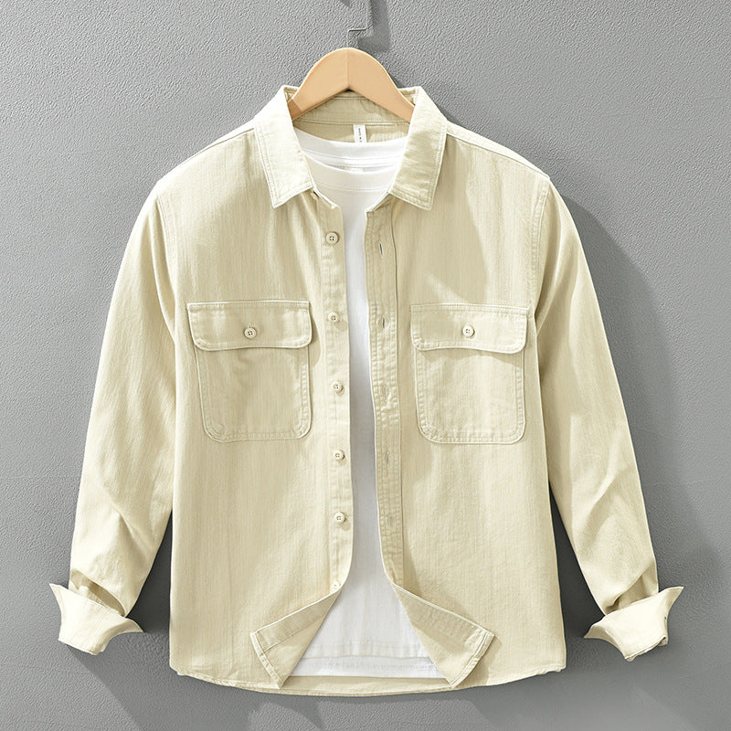 Mens Japanese Retro Workwear Long Sleeve Cotton Shirt Casual Loose Top