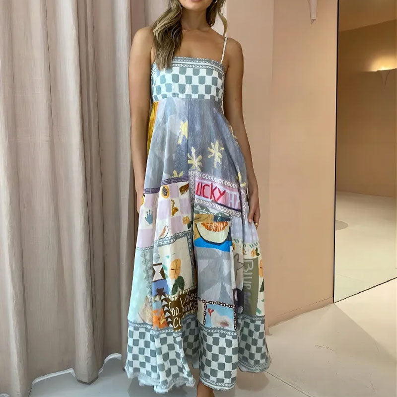 2026 Summer New Style Cross-Border European and American Resort-Style Dress, Elegant Long Printed Strap Dress