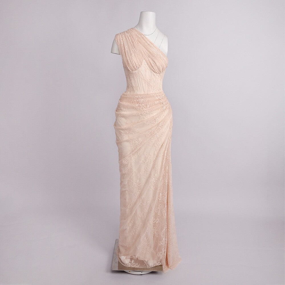 One-Shoulder Lace Long Dress with Stretch Bandage Fabric