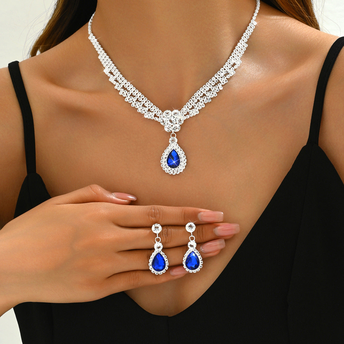 Diamond Drop Flower Necklace Earrings