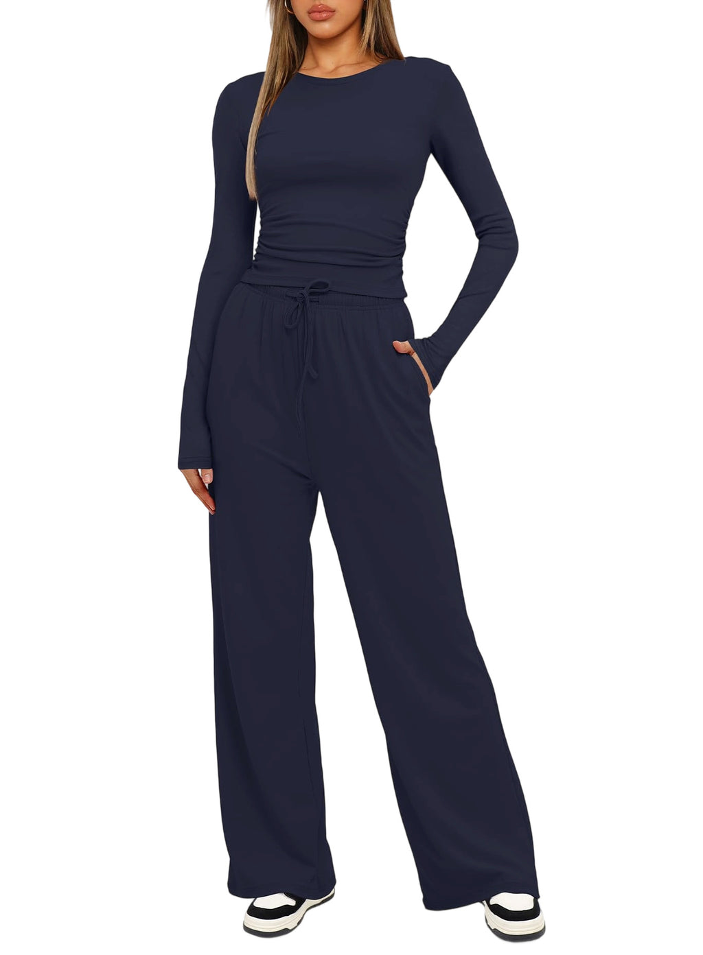 Solid Color Long Sleeve Top and High Waisted Wide Leg Pants Sportswear Set