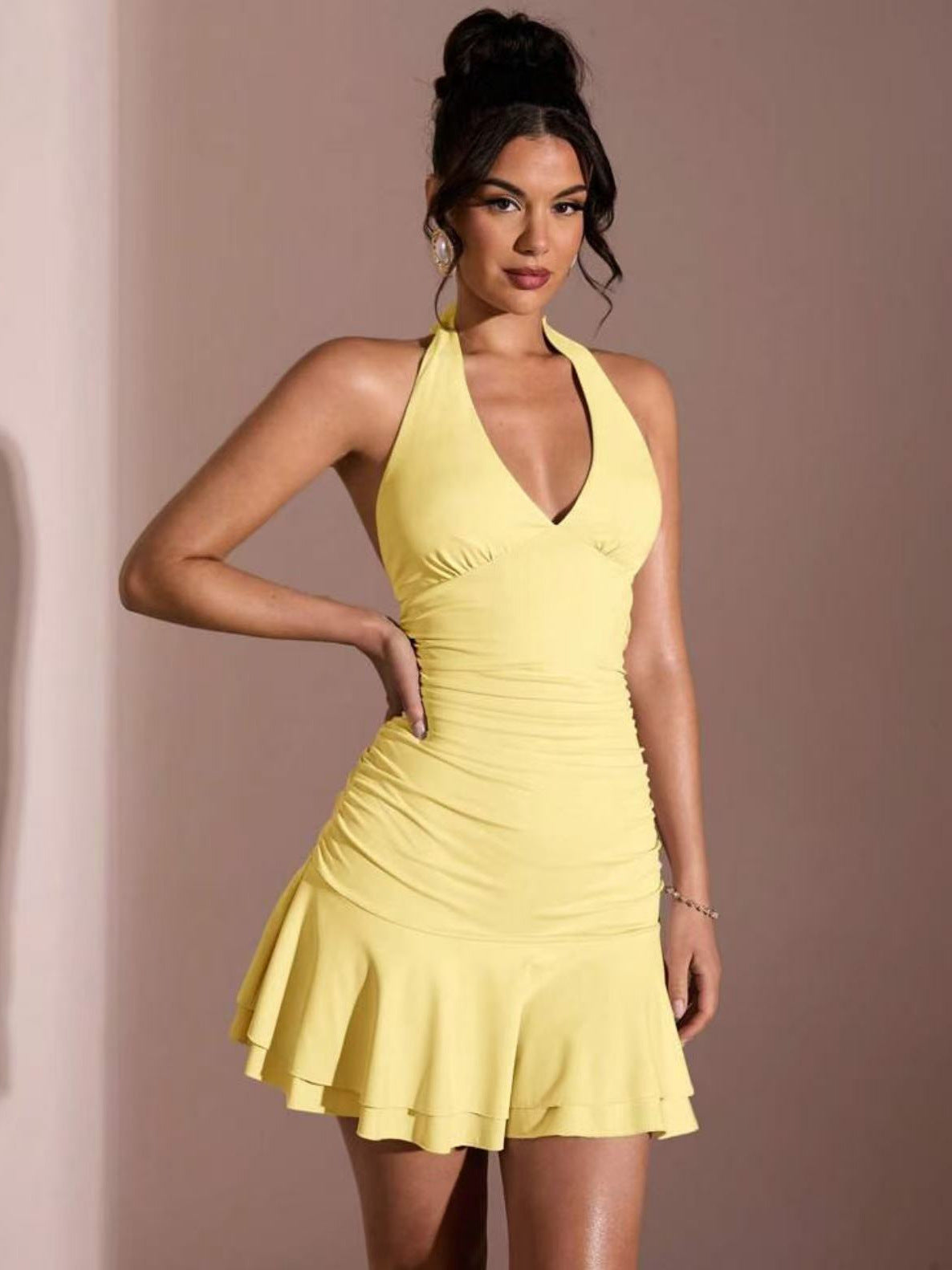 Sexy Deep V Neck Backless Halter Dress