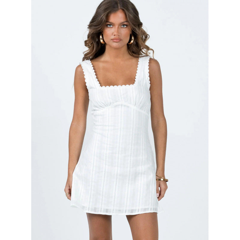 Women Retro Textured Square Neck Suspender Mini Skirt Waist Cinching A-Line Dress