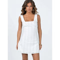 Women Retro Textured Square Neck Suspender Mini Skirt Waist Cinching A-Line Dress