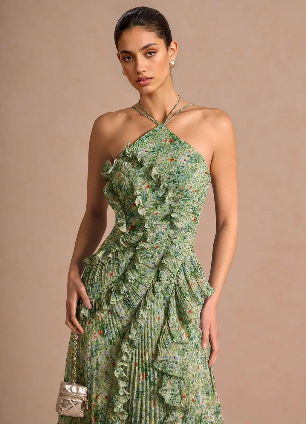 Women's Pleated Chiffon Midi Dress Floral Print Evening Gown