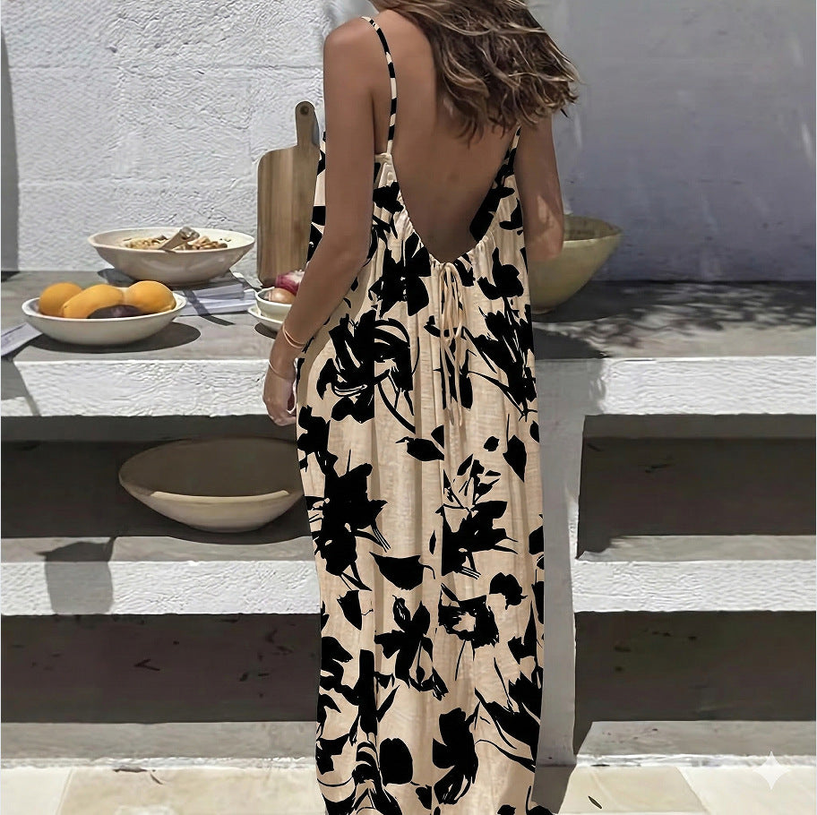Womens Backless Loose Print Slip Dress