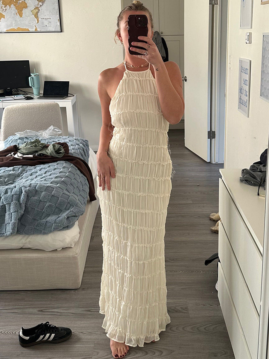 Womens Backless Pleated Long Dress