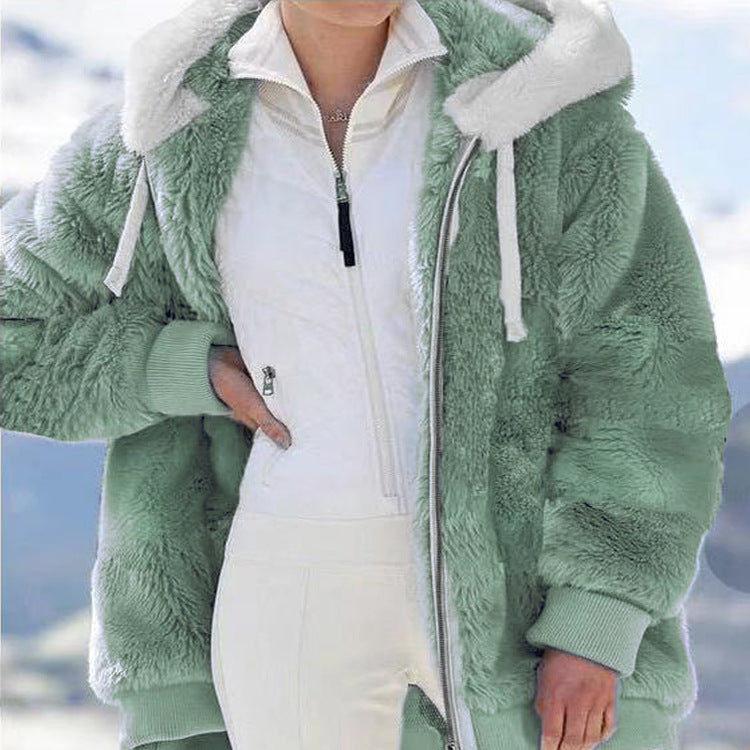 Womens Loose Fit Plush Zipper Hooded Jacket