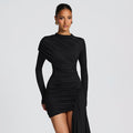 Women's Elegant Asymmetrical Ribbon Round Neck Slim Fit Long Sleeve Dress