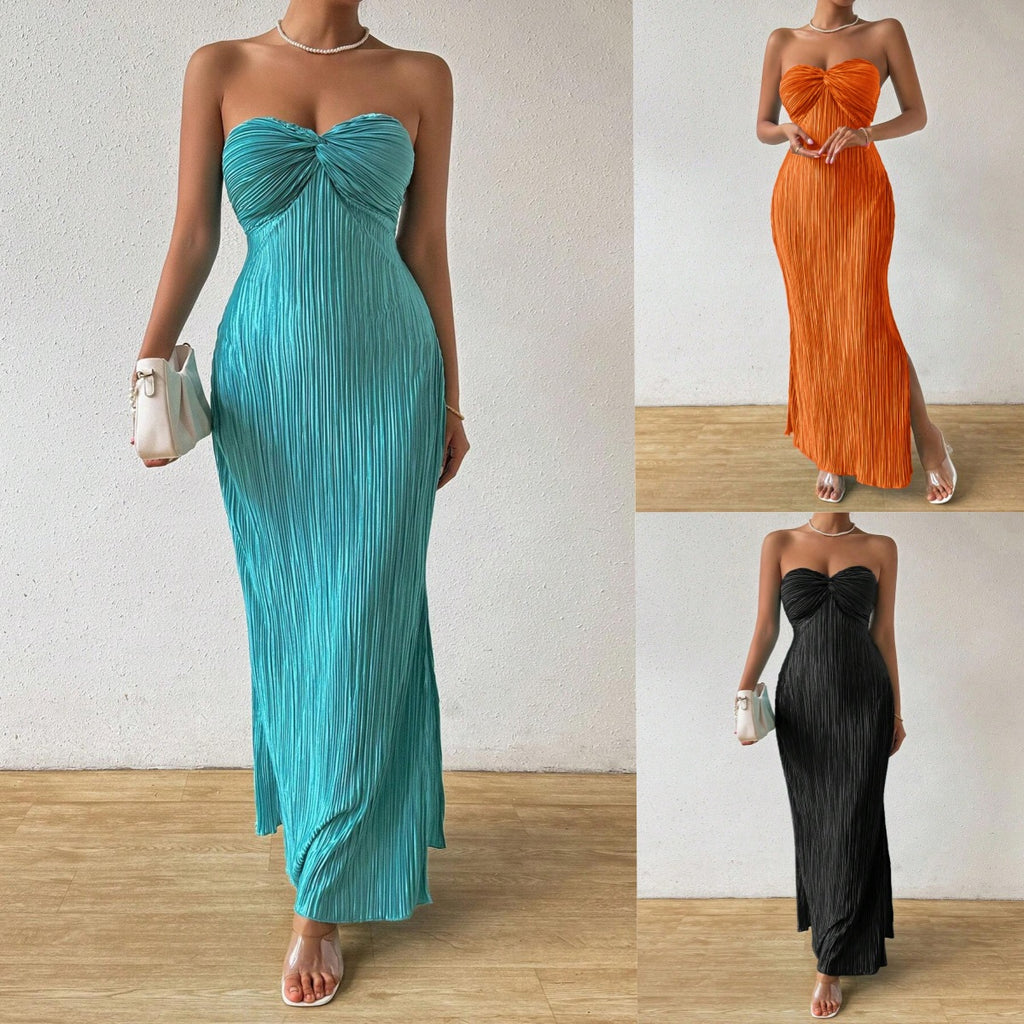 Tube Top Pleated Long Dress with Bow Detail