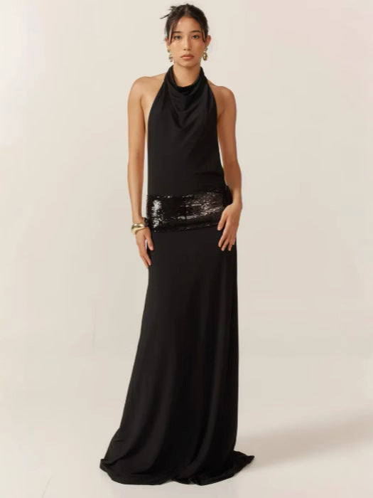 Sexy backless, cinched waist, patchwork sleeveless dress