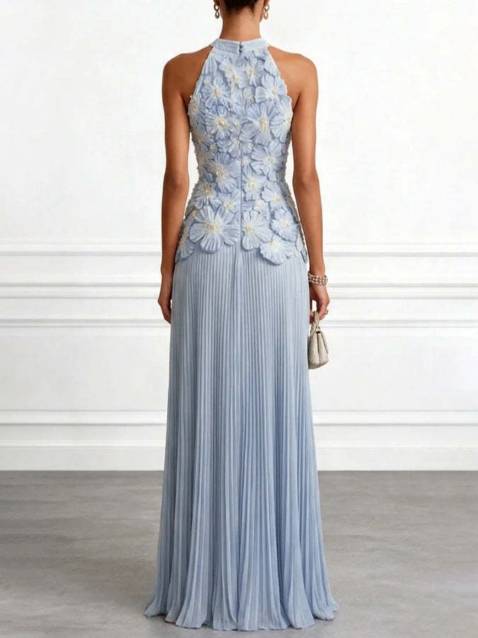 Women Halter Neck Sleeveless Pleated Dress Solid Color Long Maxi Dress