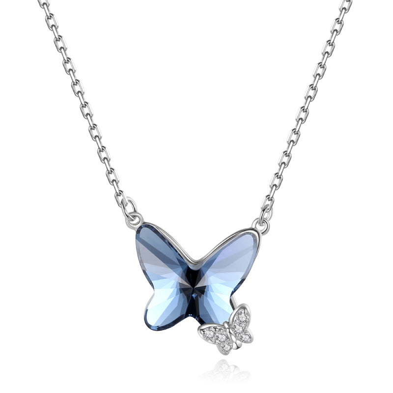 Butterfly Crystal Silver Necklace with Diamond Pendant