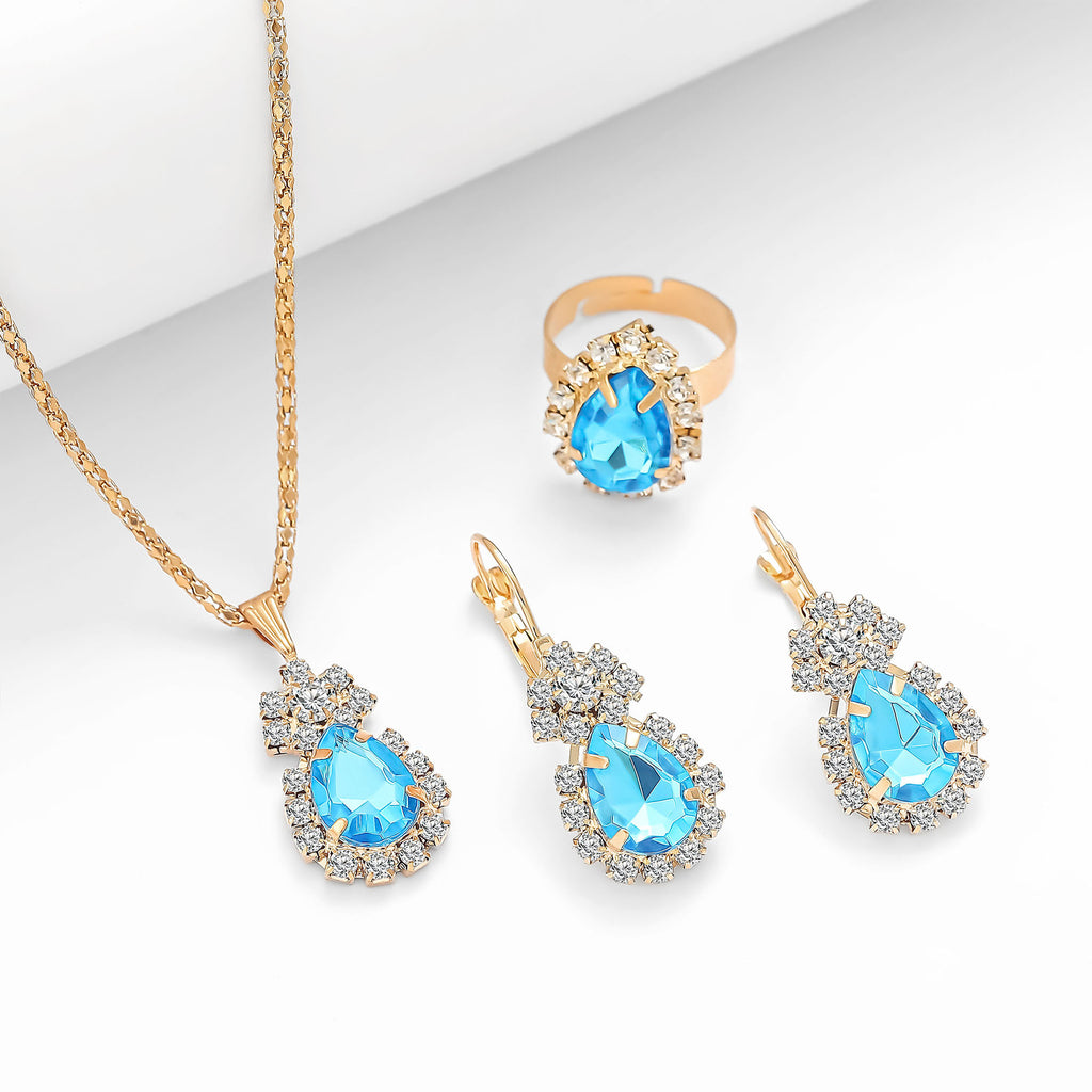European and American Personalized Water Drop Rhinestone Necklace Earrings Ring Set