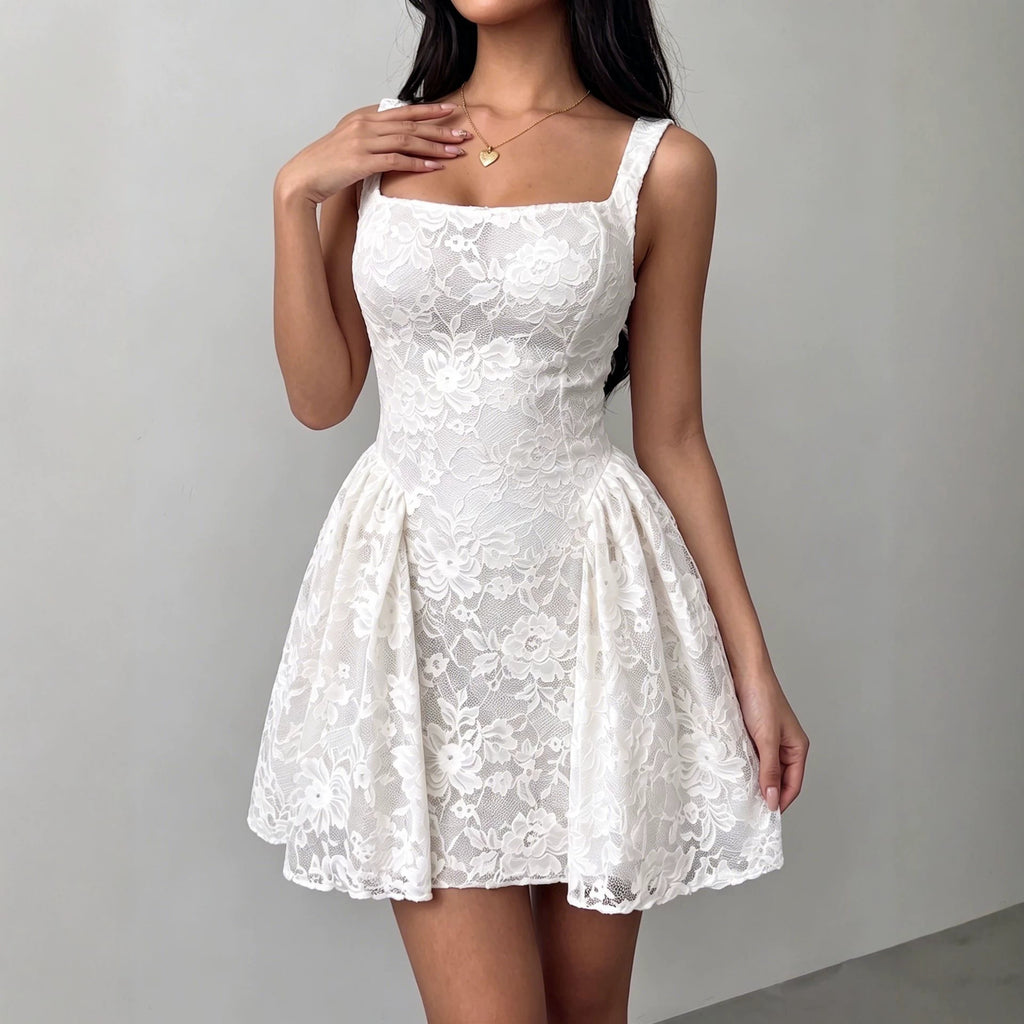 Women Square Neck Lace Dress with Wide Waistband Floral Puff Short Skirt