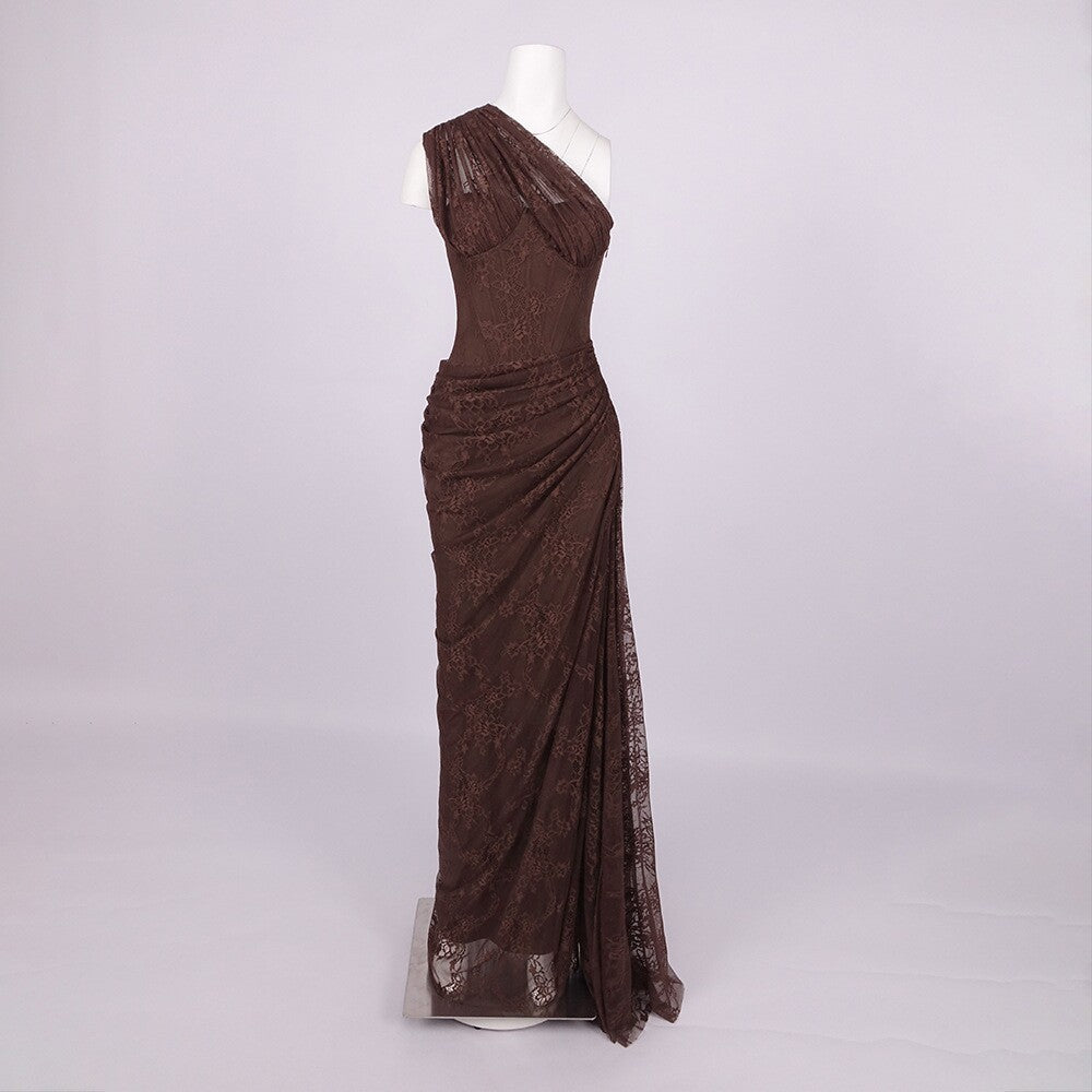 One-Shoulder Lace Long Dress with Stretch Bandage Fabric
