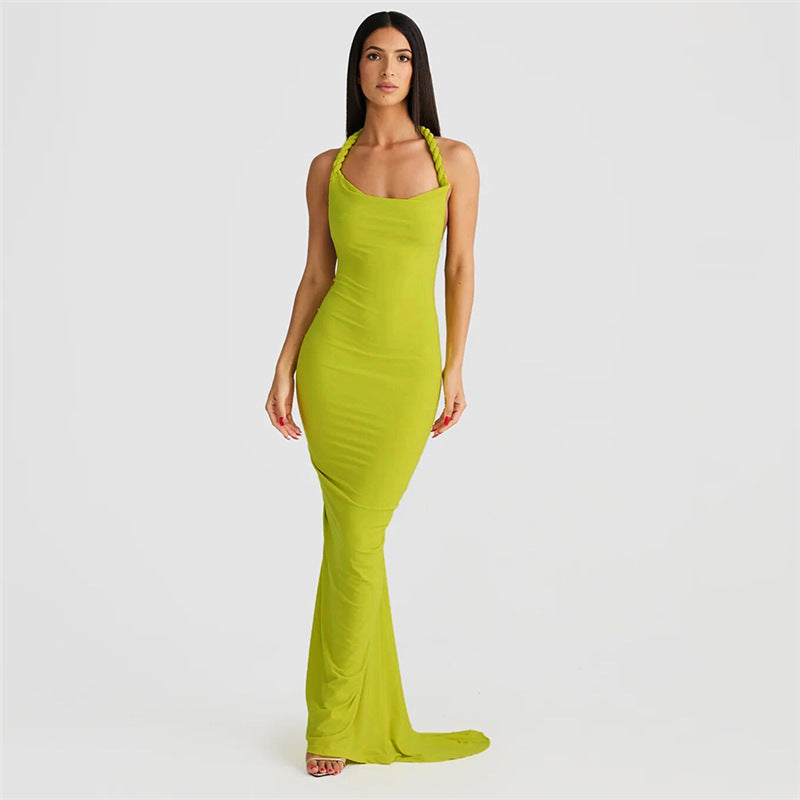 Women's Halterneck Backless Pleated Long Dress