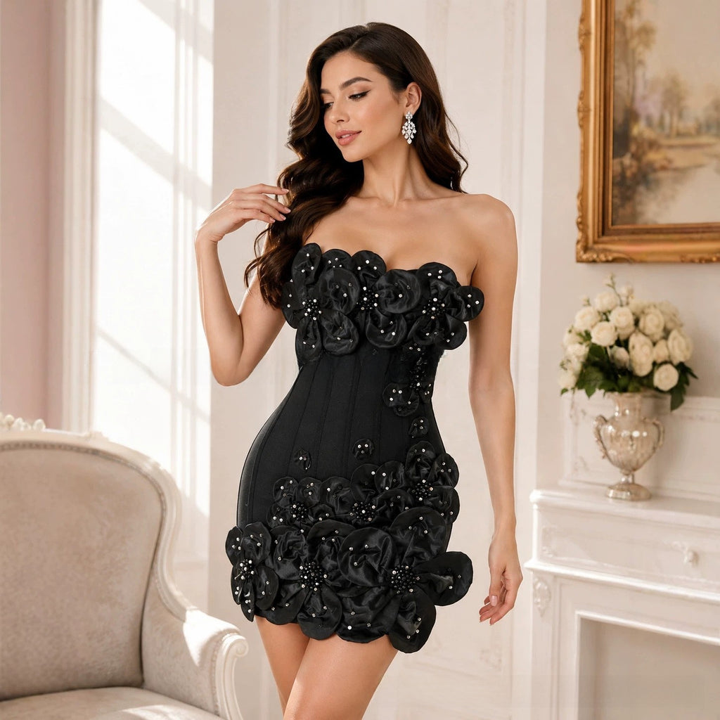 Strapless Floral Bandage Bodycon Dress