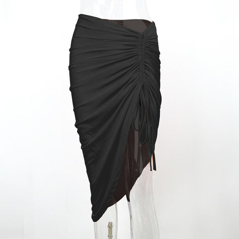 Sexy, body-hugging, asymmetrical skirt; trendy drawstring midi skirt