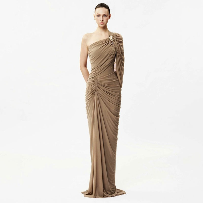 Women Vintage Pleated High Waist Irregular Hem Long Dress Sleeveless Slim Fit Casual Maxi Dress