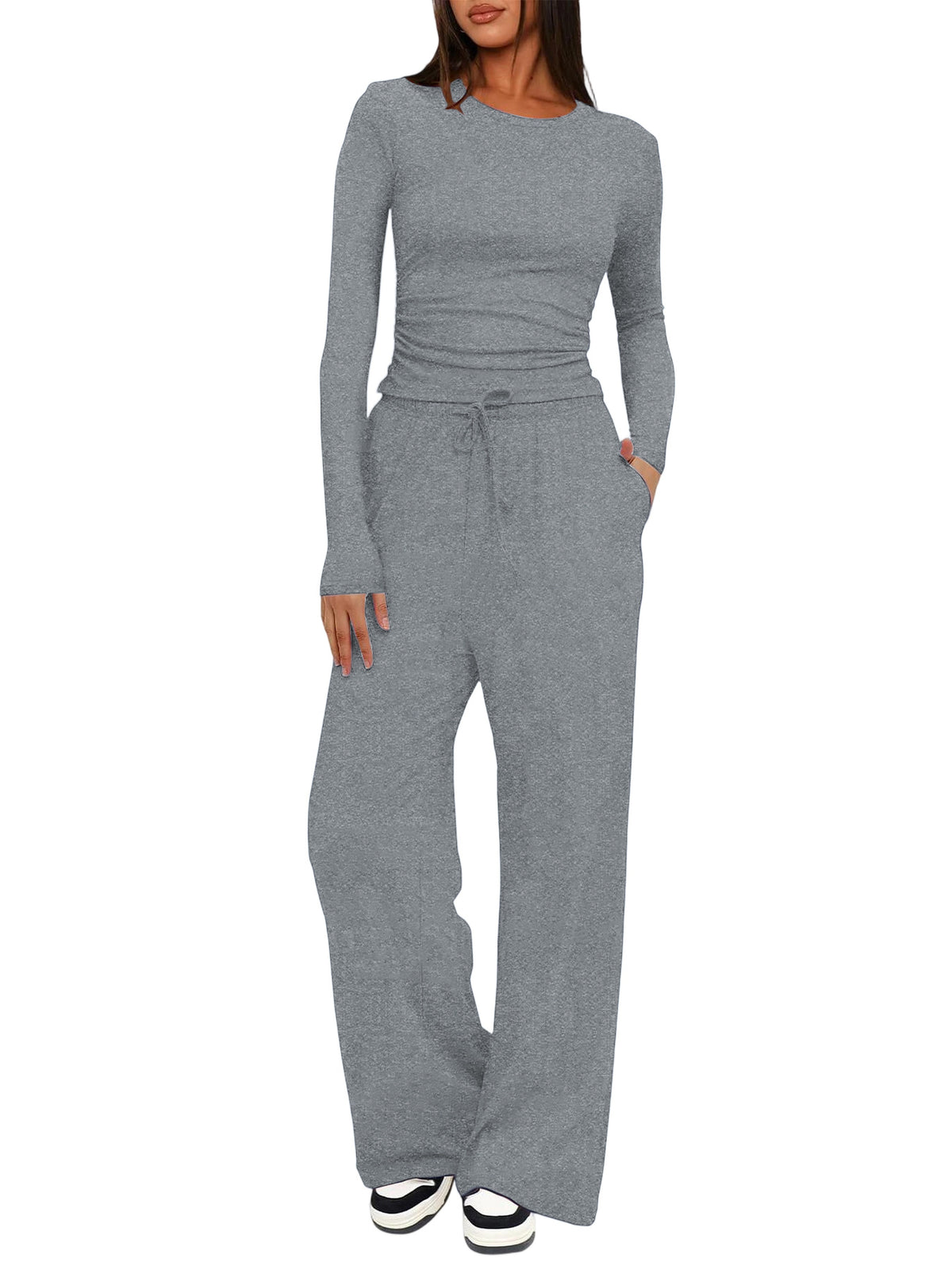 Solid Color Long Sleeve Top and High Waisted Wide Leg Pants Sportswear Set