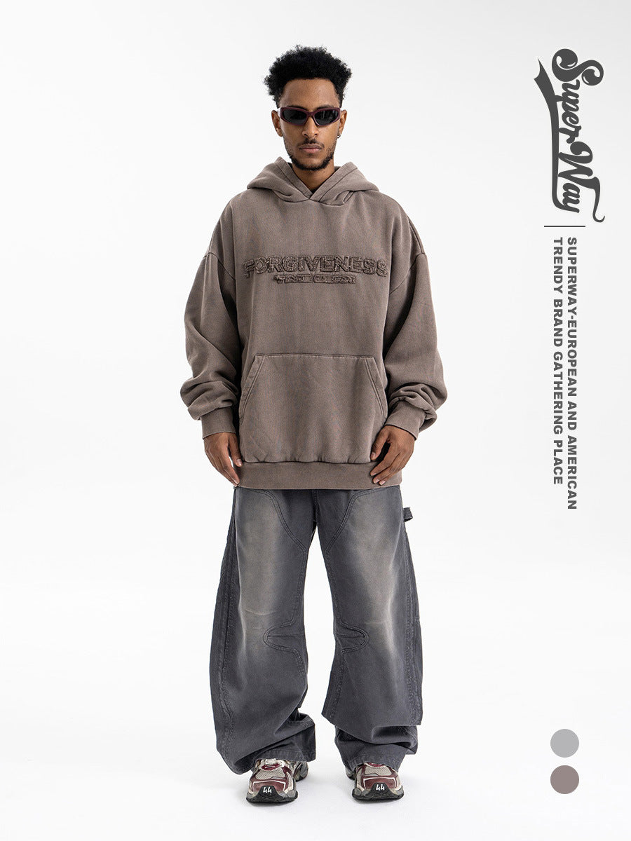 Retro Tassel Embroidered Letters Simple and Versatile Hooded Sweatshirt for Men