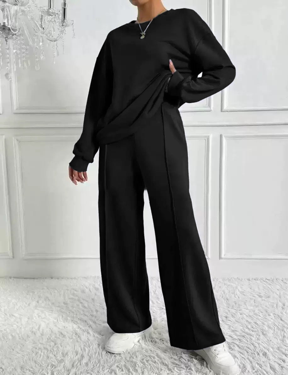 Women's Solid Color Round Neck Long Sleeve Pants Suit Casual Two-Piece Set