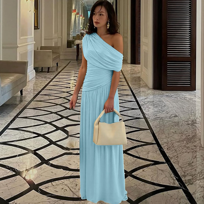 Womens Asymmetrical Neckline Pleated Dress