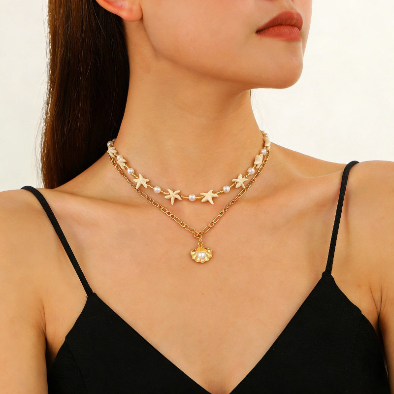 Layered Shell Pearl Starfish Pendant Bohemian Necklace