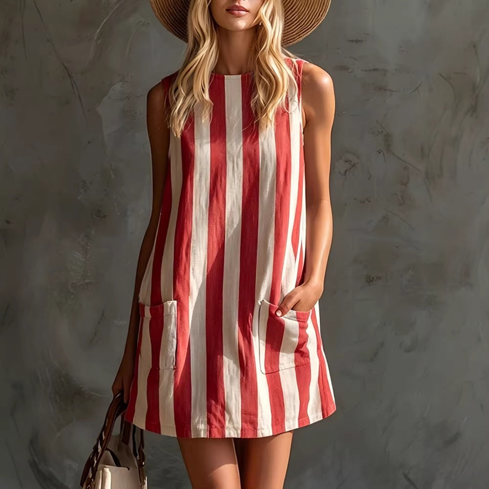Retro Striped Sleeveless Round Neck Cotton and Linen  Dress