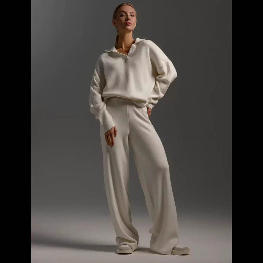 Women's Two-Piece Knit Set Polo Collar Pullover and Wide-Leg Pants