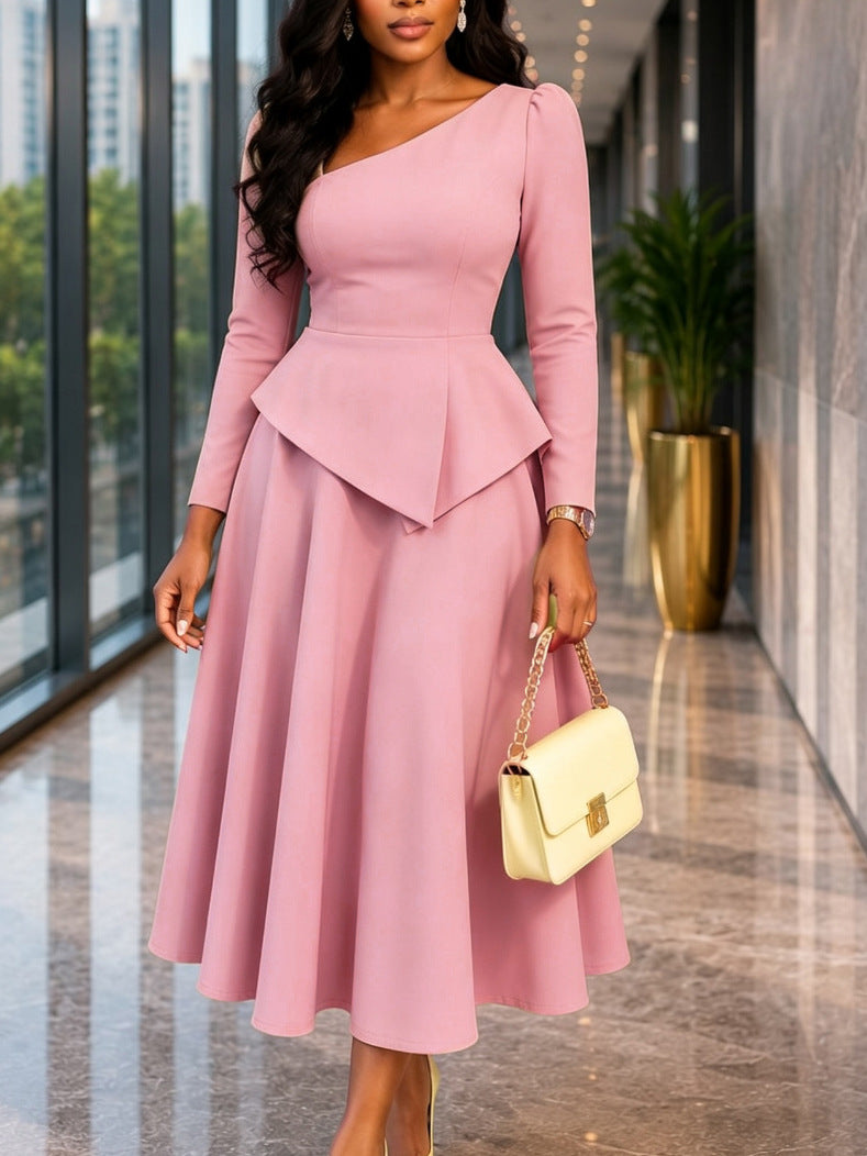 Women's Slanted Neckline Ruffled Waist Midi Dress