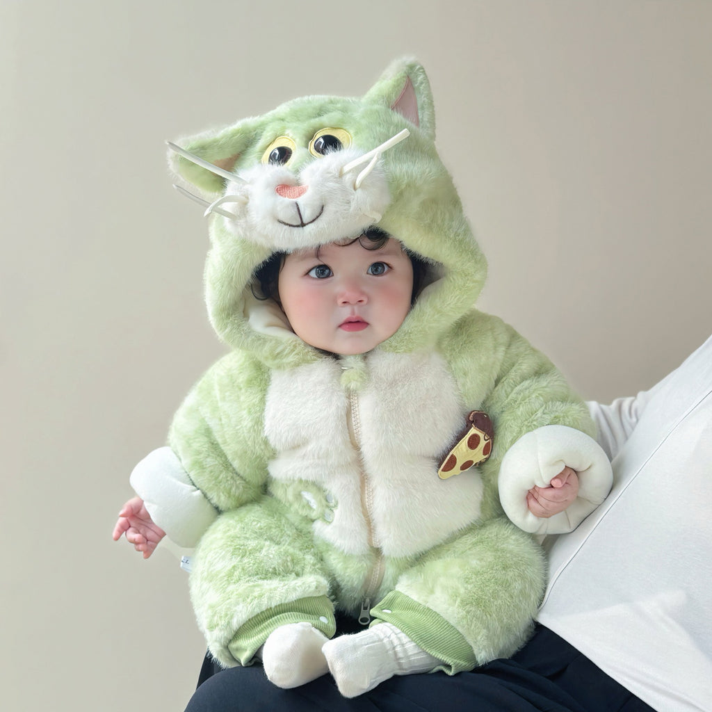 Fleece-Lined Baby Romper with Animal Design