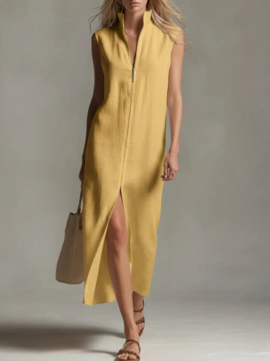 Sleeveless Zip-Up Stand Collar Casual Dress