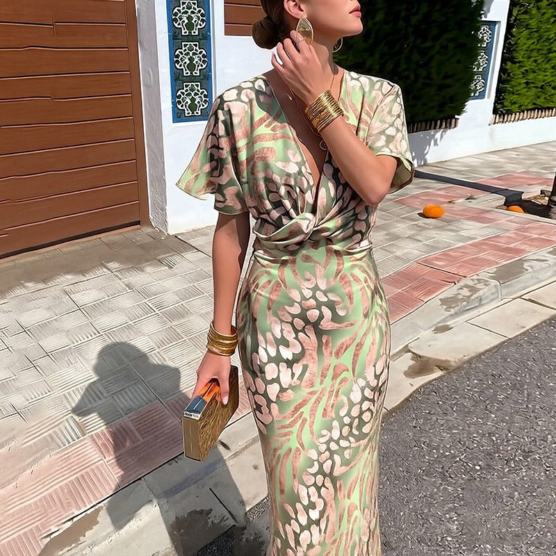 Summer Fashion Knotted Print V-Neck High-Waist Dress