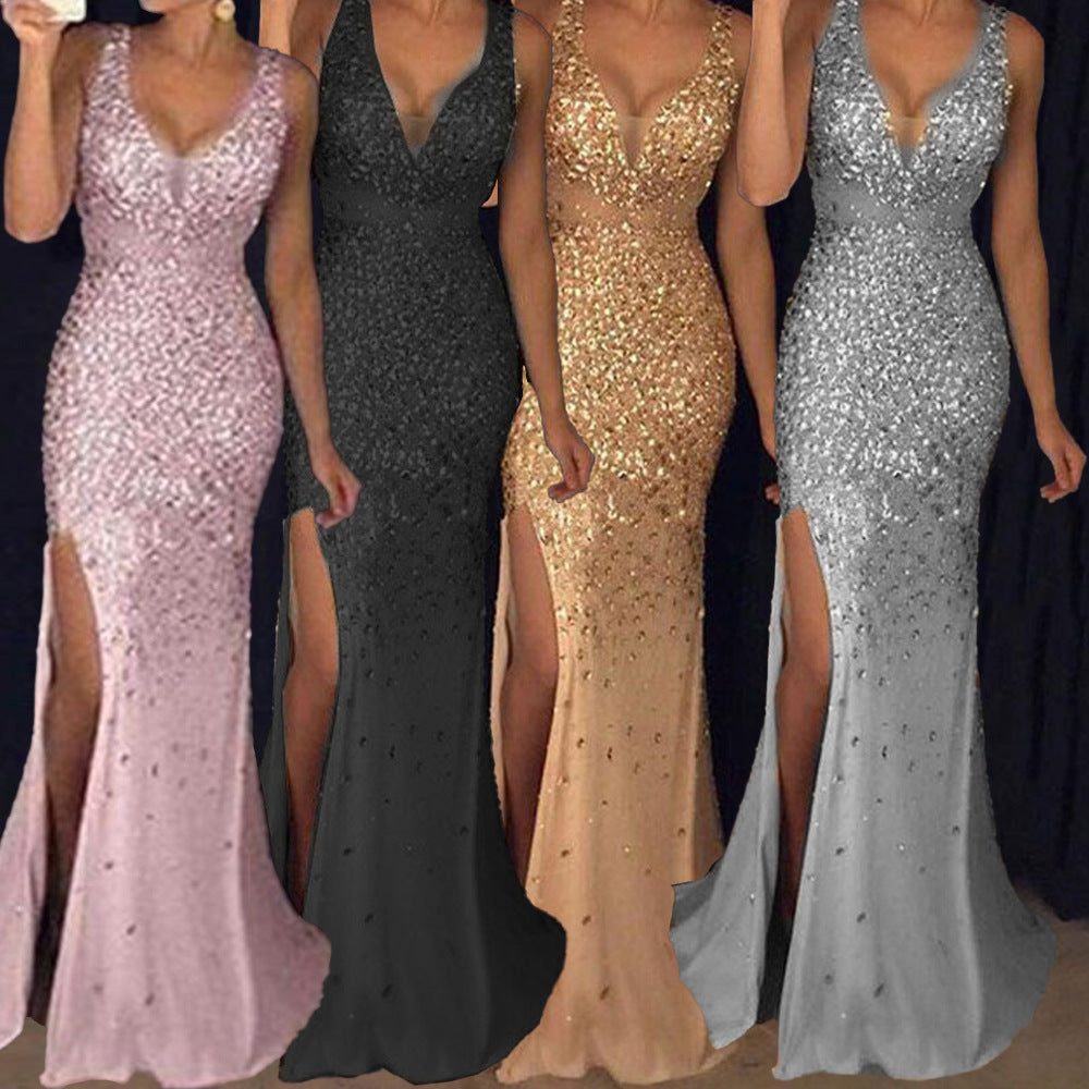 2027 New European and American Cross-Border Women's Clothing Amazon Long Dress with Straps, V-Neck, Slit, and Gold Embellishments