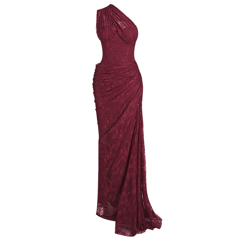 One-Shoulder Lace Long Dress with Stretch Bandage Fabric