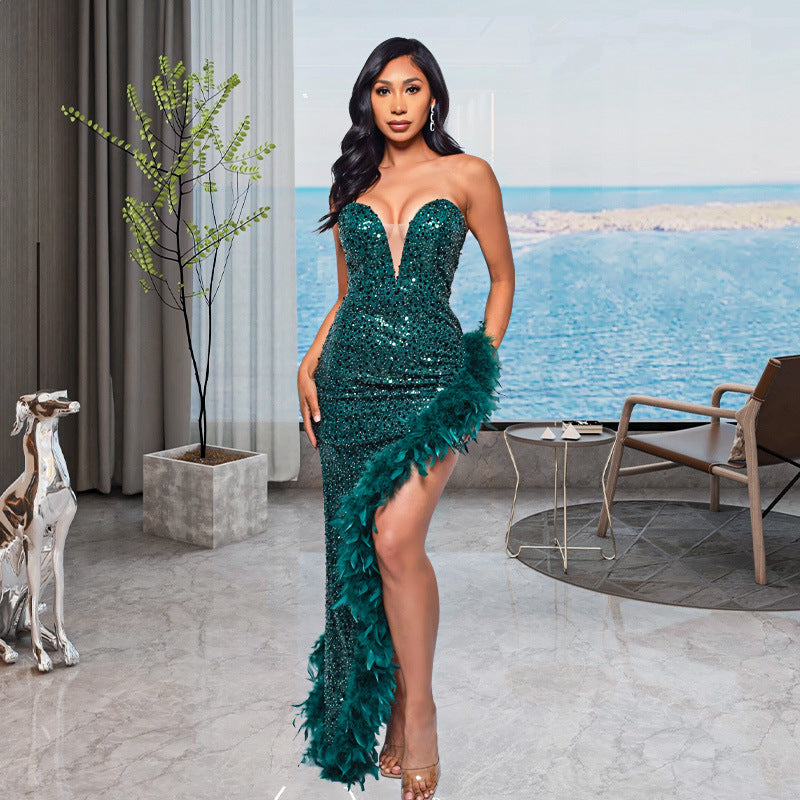 Sequin Feather Backless Long Dress