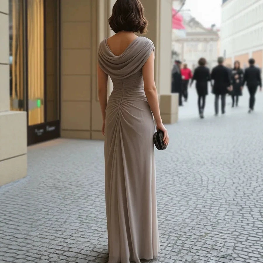 Women's Elegant Pleated Cowl Neck Sleeveless Dress