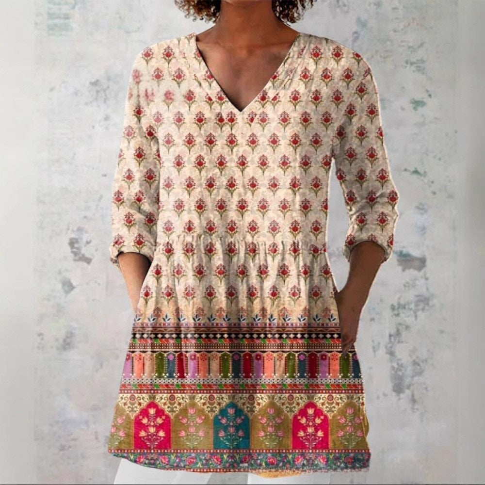 Womens 3D Printed Loose V-Neck Short Sleeve Dress