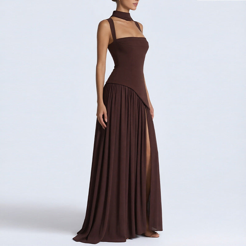 Elegant Slim-Fit Solid Color Waist-Cinching Slit Dress
