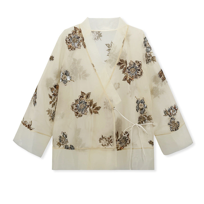 New Chinese-Style Elegant Mulberry Silk Two-Piece Set with Beaded Embroidery