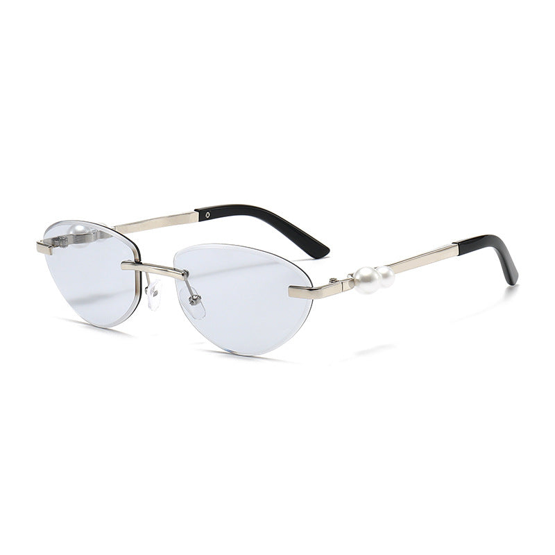 Frameless Cat Eye Sunglasses with Pearl Decor