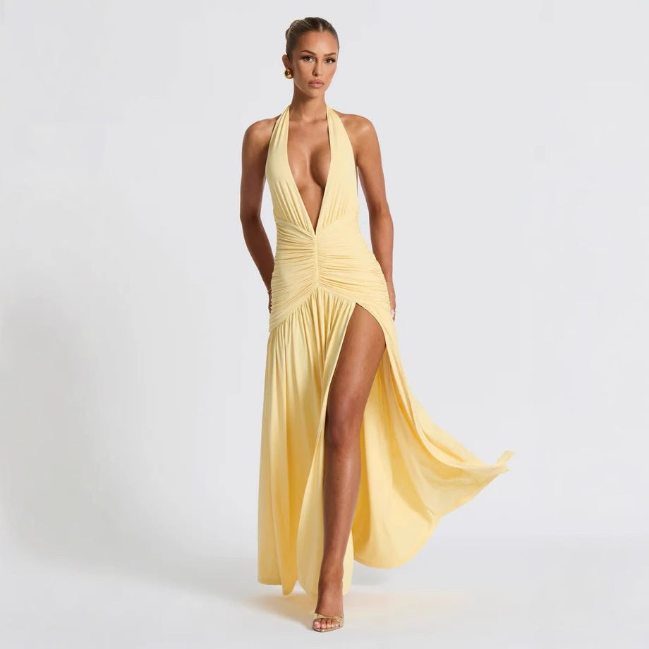 New Sexy V-Neck Slim-Fit Hot Girl Pure Color Halter Neck Slit Dress