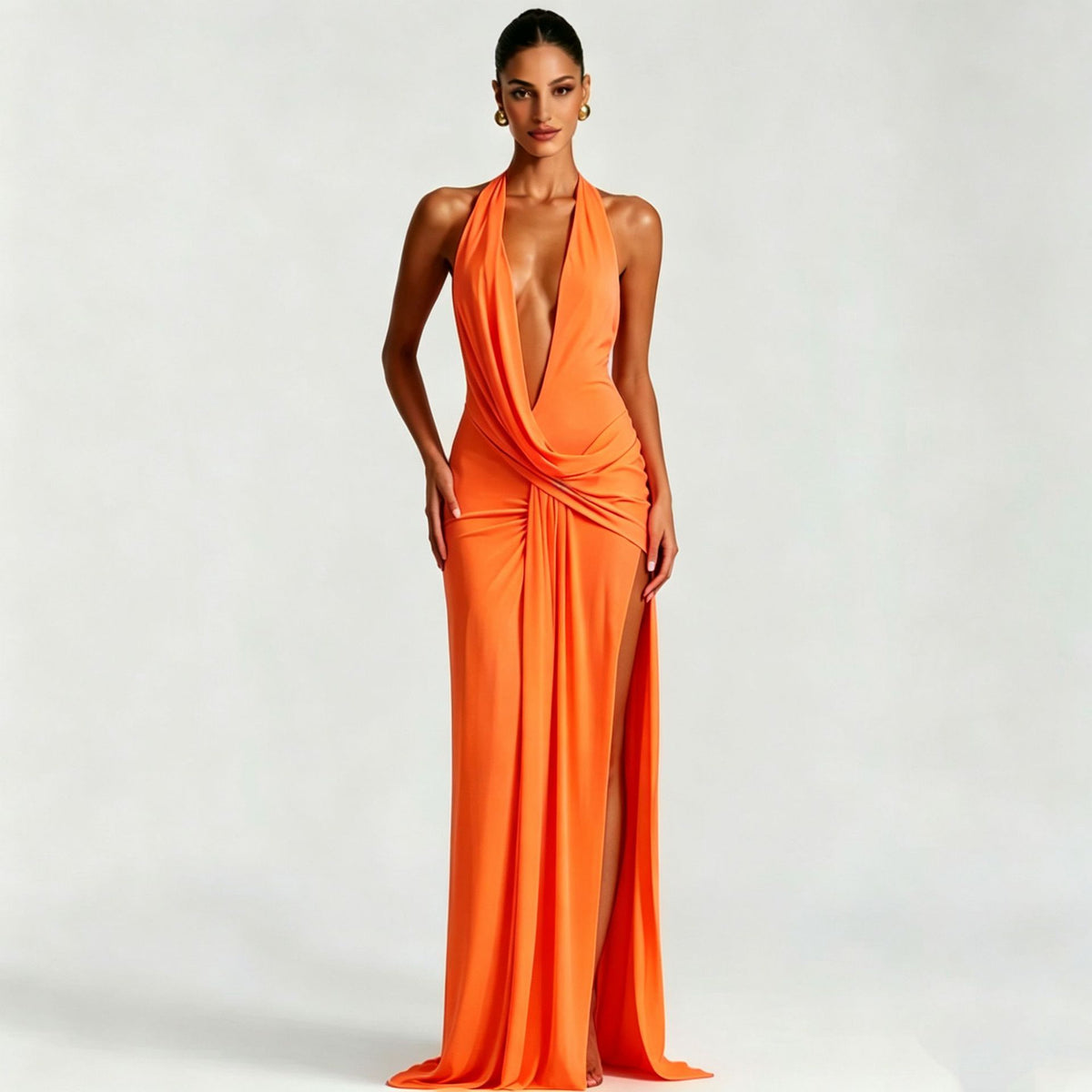 Deep V-Neck Halter Ruched Backless Dress