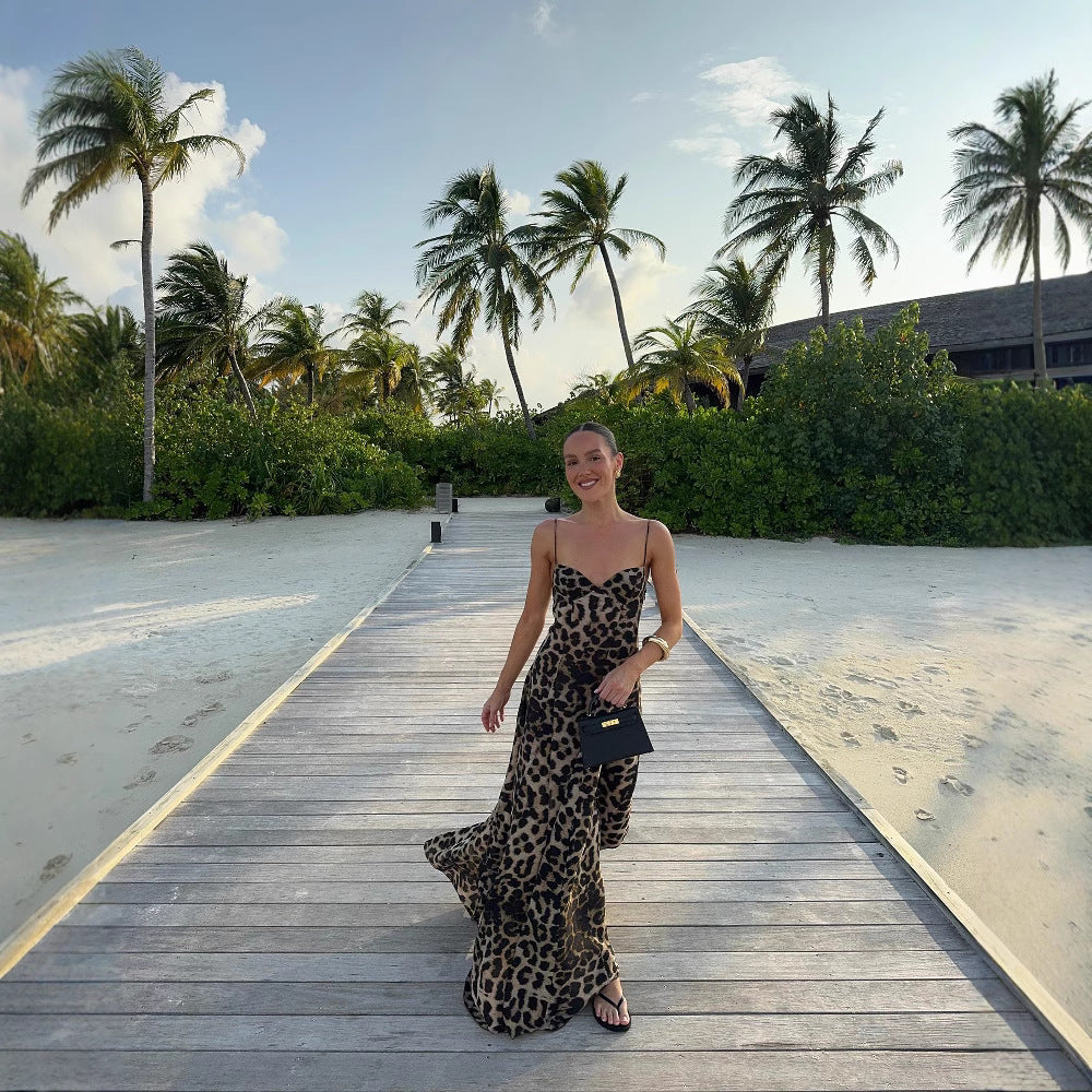Womens Leopard Print Strap Long Dress