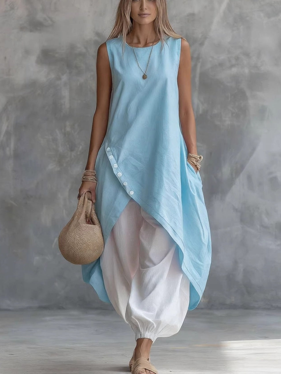 Sleeveless Loose Pocket Midi Skirt