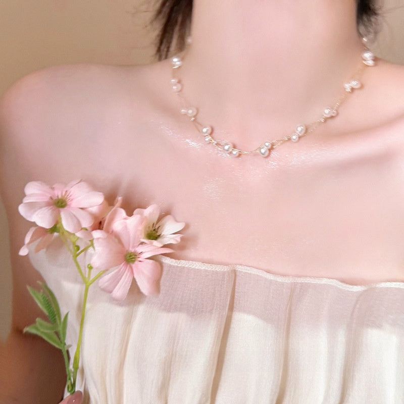 Double Layer Pearl Baby Breath Necklace