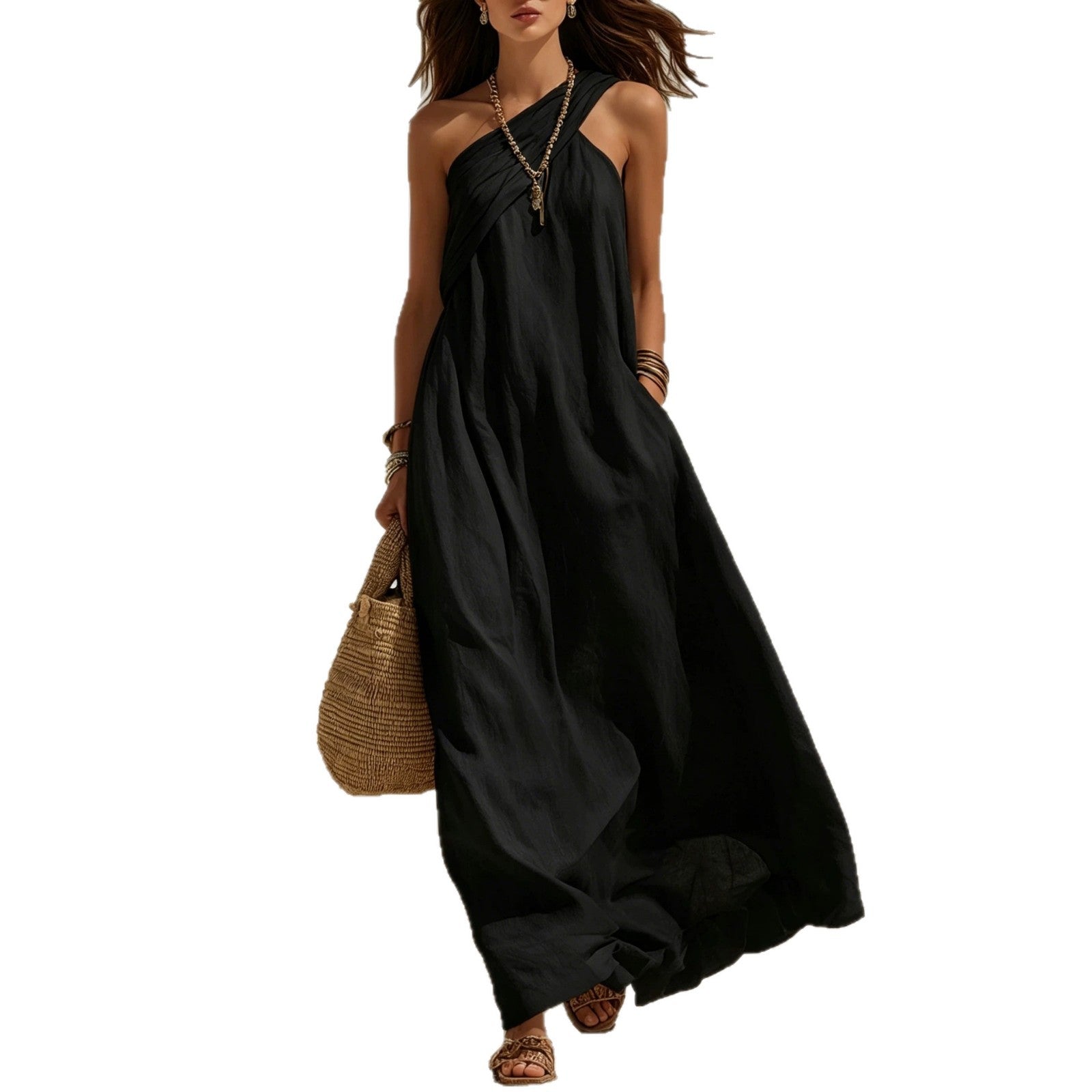 Womens Sleeveless One Shoulder Backless Solid Color Dress