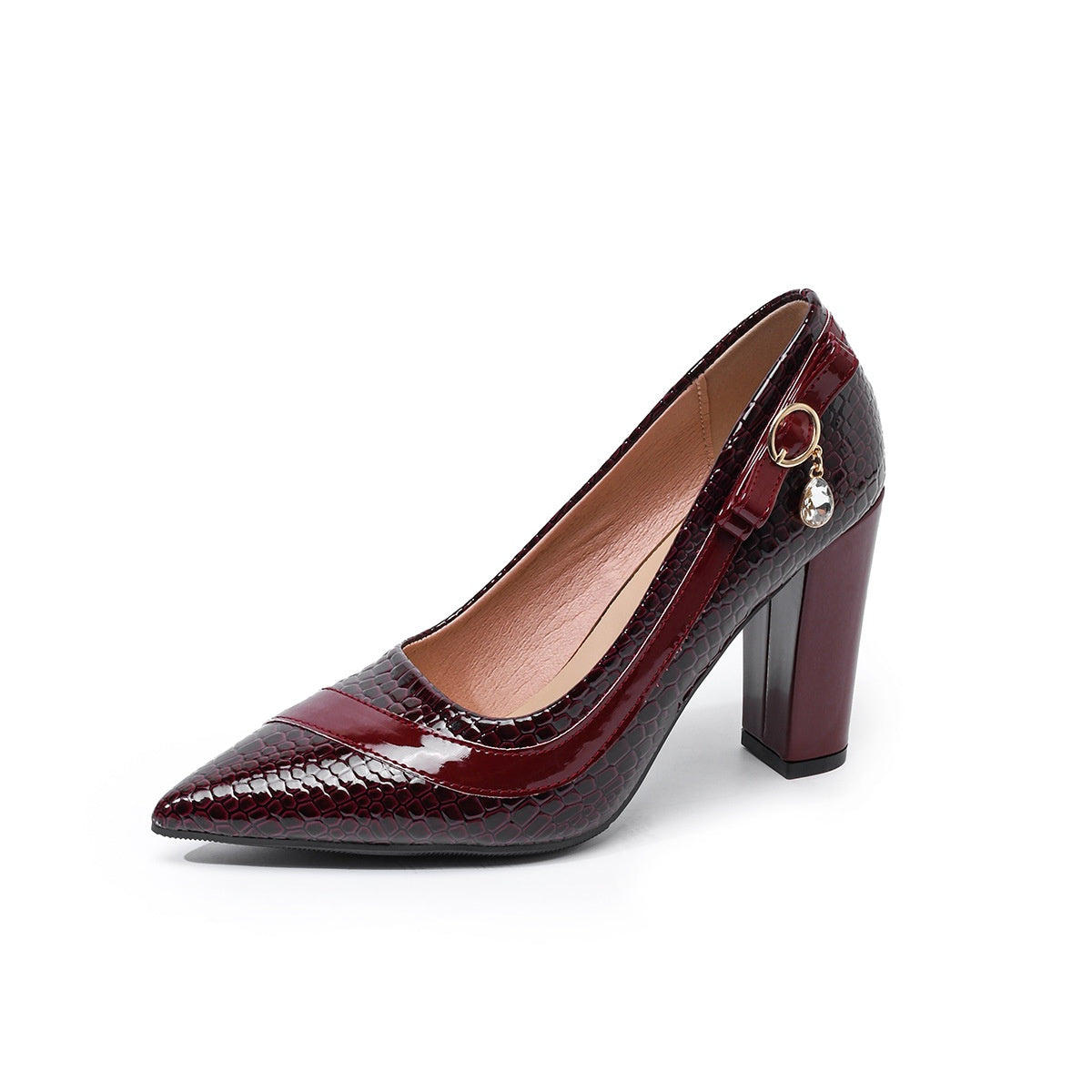 Round-toe chunky-heel snake-print shallow-top shoes
